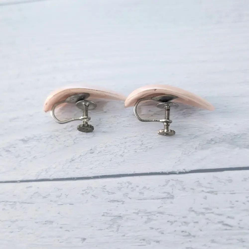 Vintage Screw On Earrings Pearlescent Pink-ish Curved Teardrop Shape